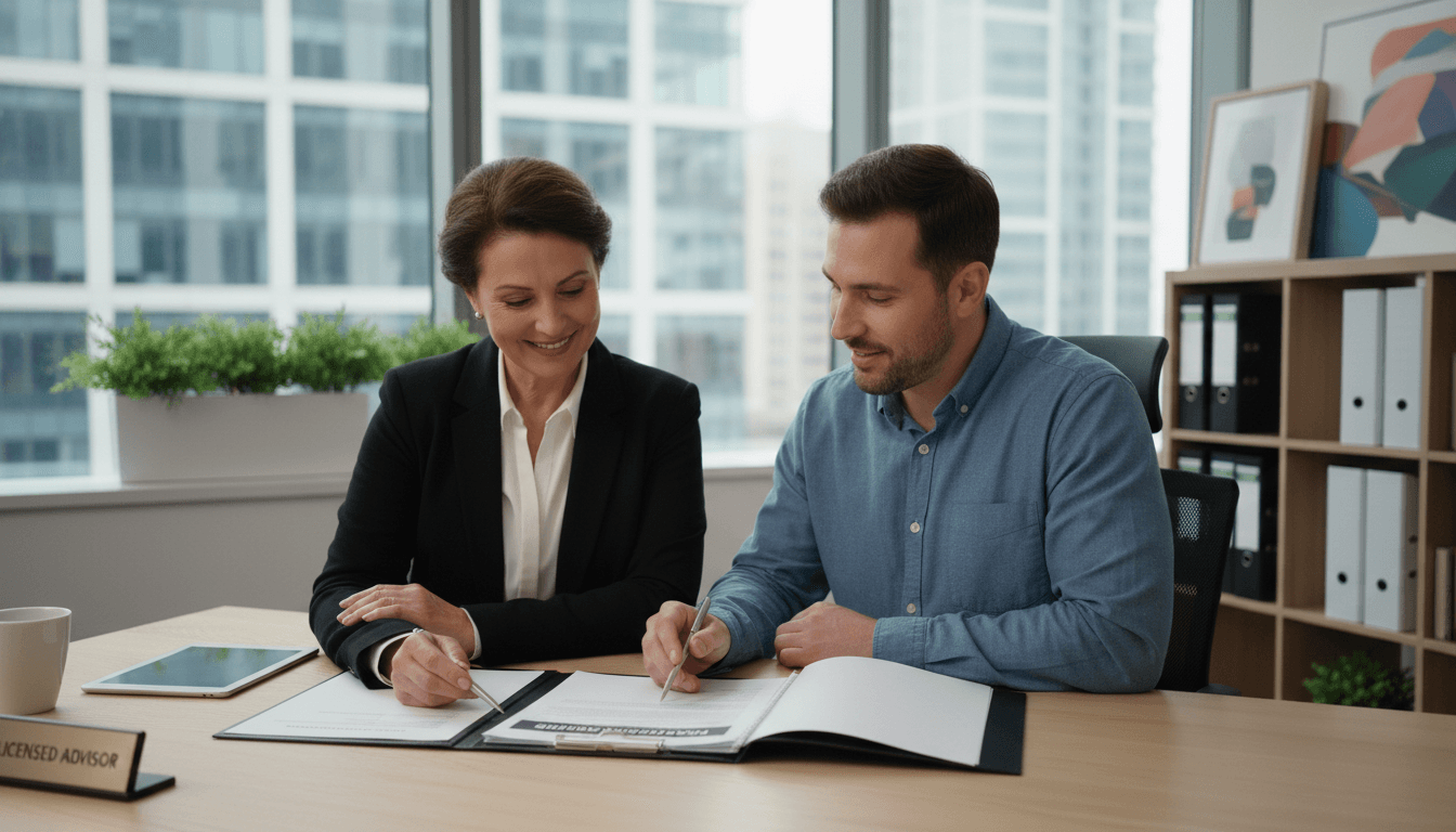 Licensed health insurance advisor working with client in professional office setting