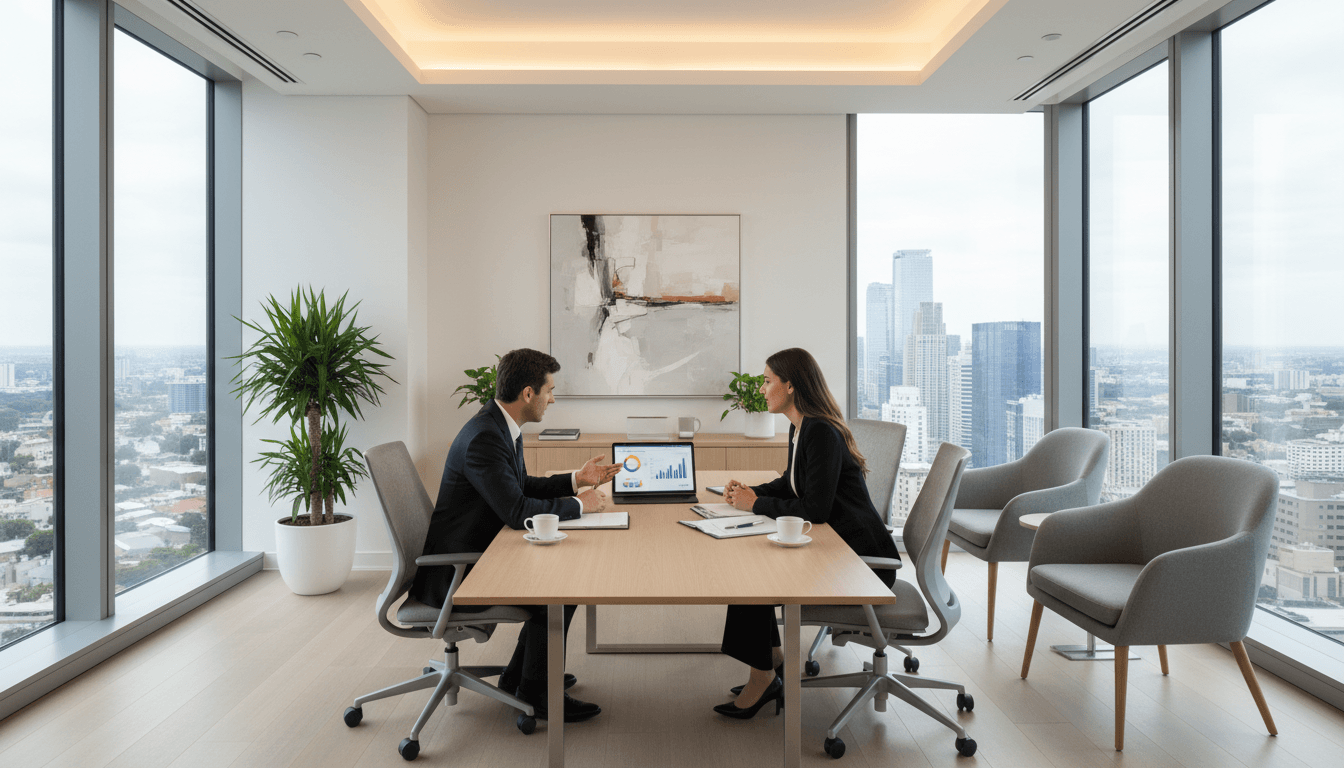 Licensed insurance advisor reviewing coverage options with client in professional office setting