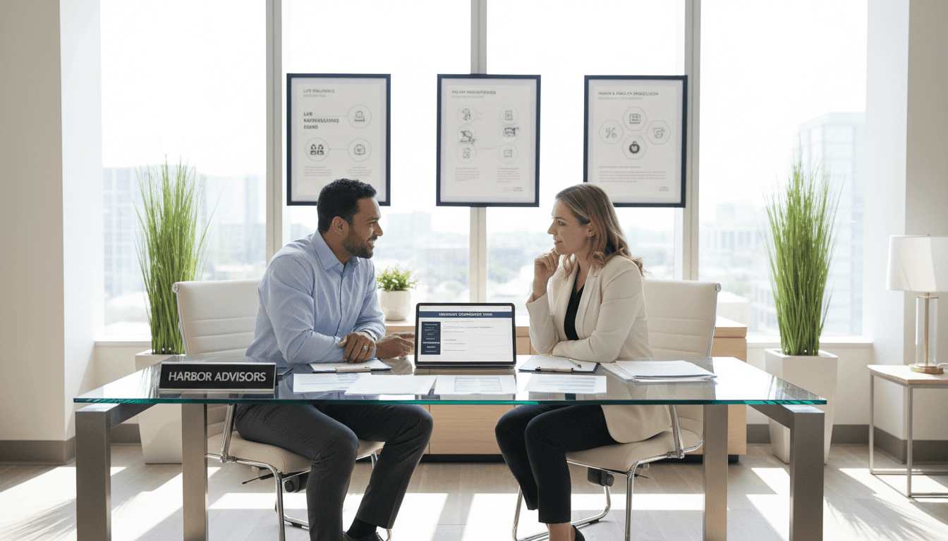 Licensed health insurance advisor reviewing coverage options with client at office desk